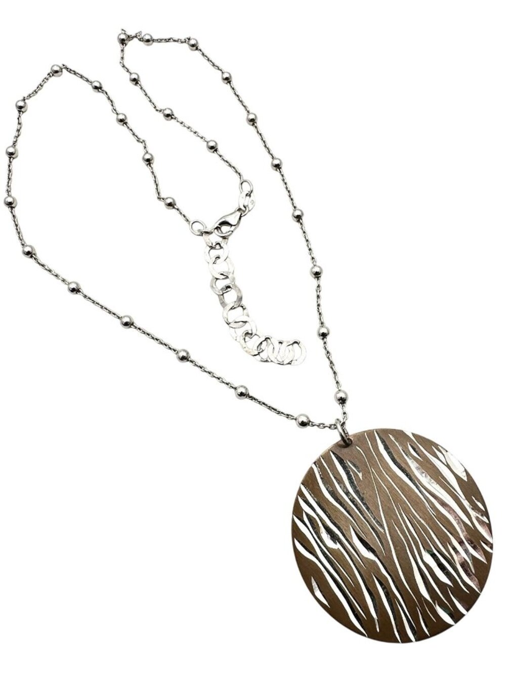 Necklace Sterling Silver Circle Disc Zebra Print Pendant Chain